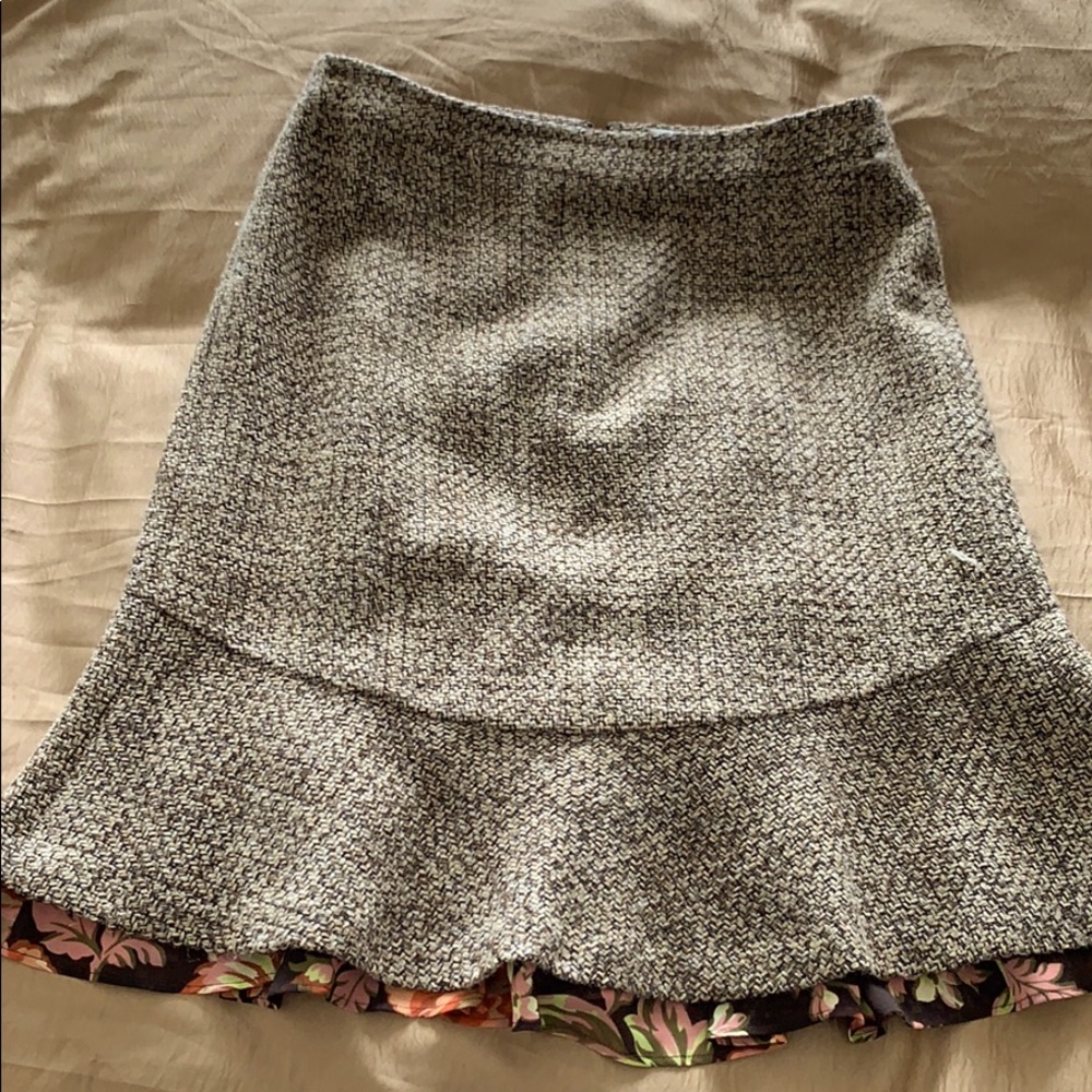 LOFT brown tweed skirt with flower ruffle